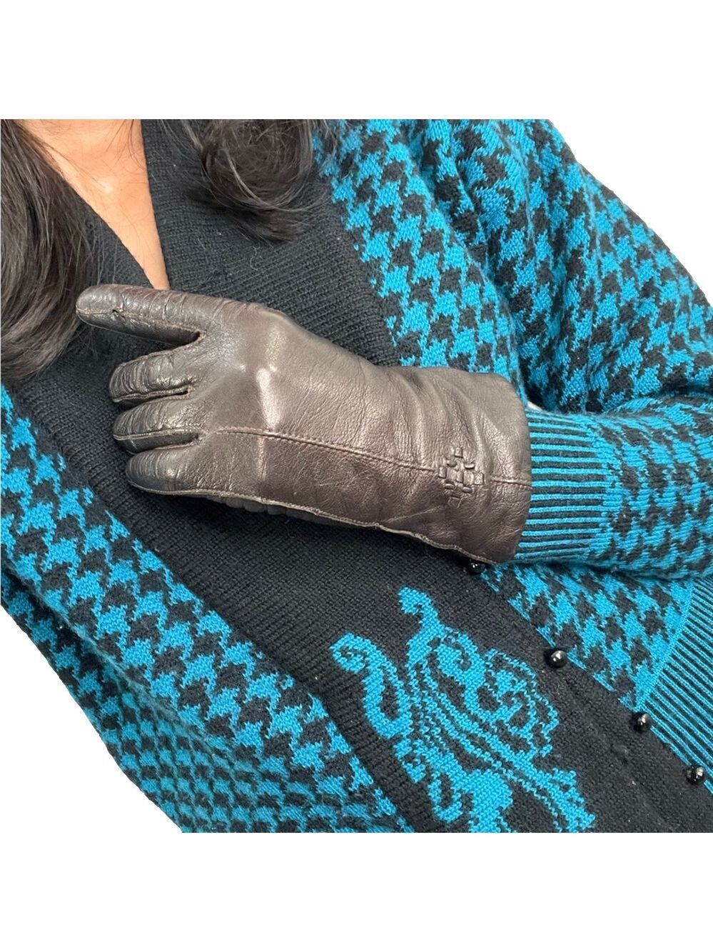 Vintage Aris brown leather lined geometric stitch old money gloves 7